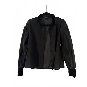 Express | Black Sheer Velvet Trim Puff Sleeve Button-Down Blouse | Size S